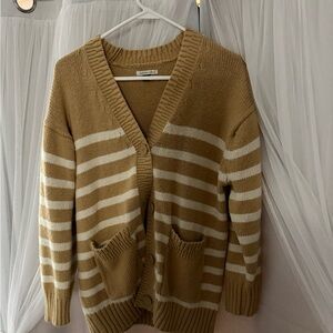 American Eagle Outfitters Camel and Cream Striped Button Cardigan